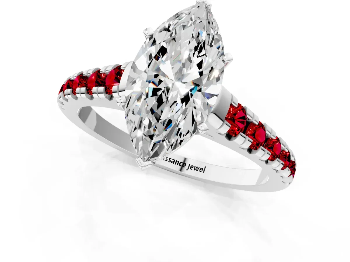 Marquise Cut Diamond Cathedral Solitaire Ring with Round Ruby Pavé Band Platinum