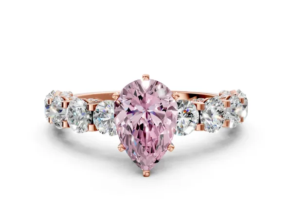 Fancy Pink Pear Cut Diamond Side Stone Engagement Ring with Four-Prong Setting Rose gold