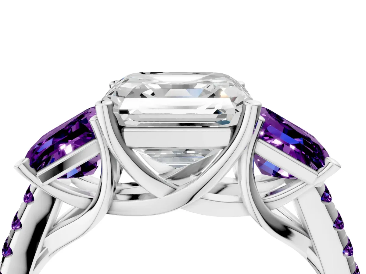 Three-Stone Asscher Cut Diamond Ring with Round Amethyst Pavé Band and Prong Setting Silver