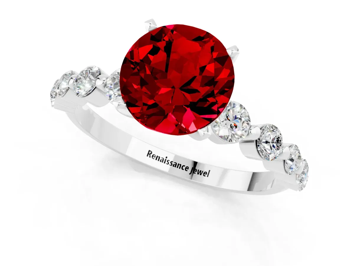 Round Cut Solitaire Ruby Ring with Pave Band and Four-Prong Setting Silver