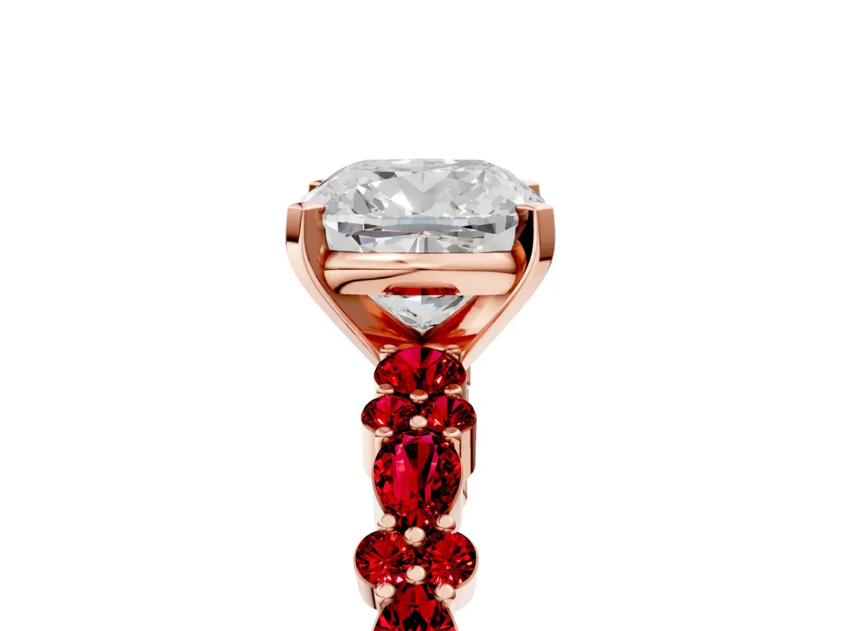 Cushion Cut Diamond Side Stone Solitaire Ring with Round Ruby and Four-Prong Setting Rose gold