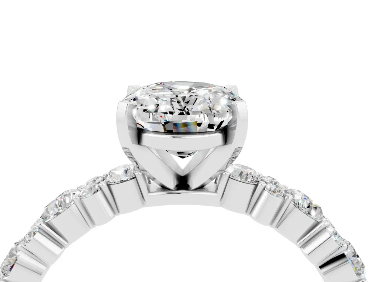 Oval Cut Moissanite Side Stone Solitaire Ring with Round and Four-Prong Setting White gold