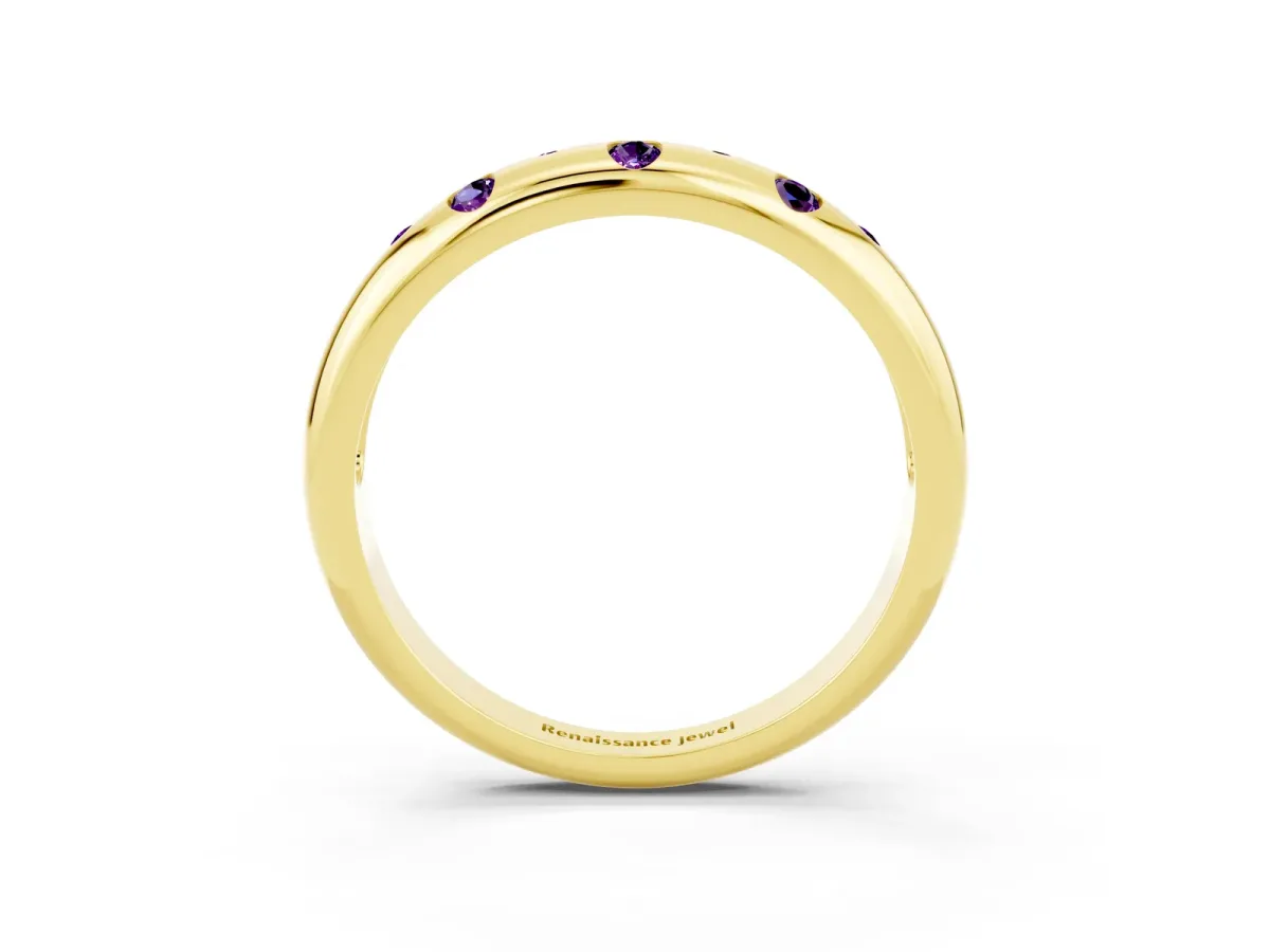 Round Amethyst Flush-Set Comfort Fit Band Yellow gold