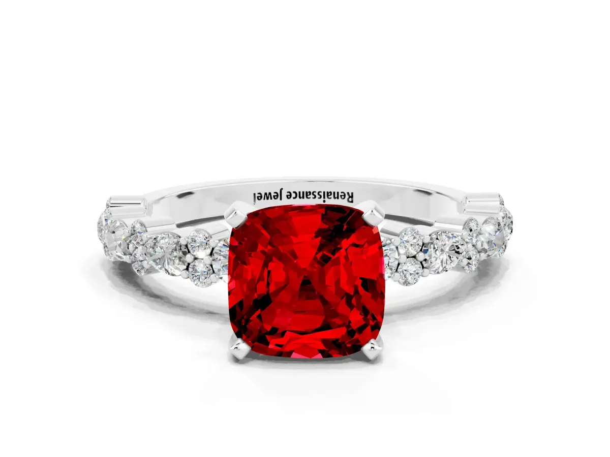 Cushion Cut Ruby Side Stone Solitaire Ring with Round and Four-Prong Setting White gold