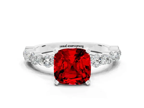 Cushion Cut Ruby Side Stone Solitaire Ring with Round and Four-Prong Setting Platinum