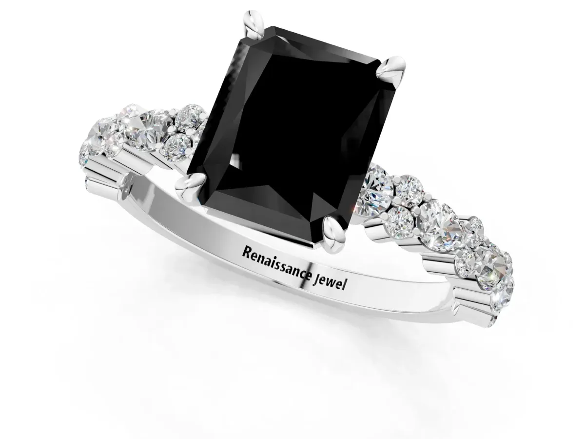 Fancy Black Radiant Cut Diamond Side Stone Solitaire Ring with Round and Four-Prong Setting Silver
