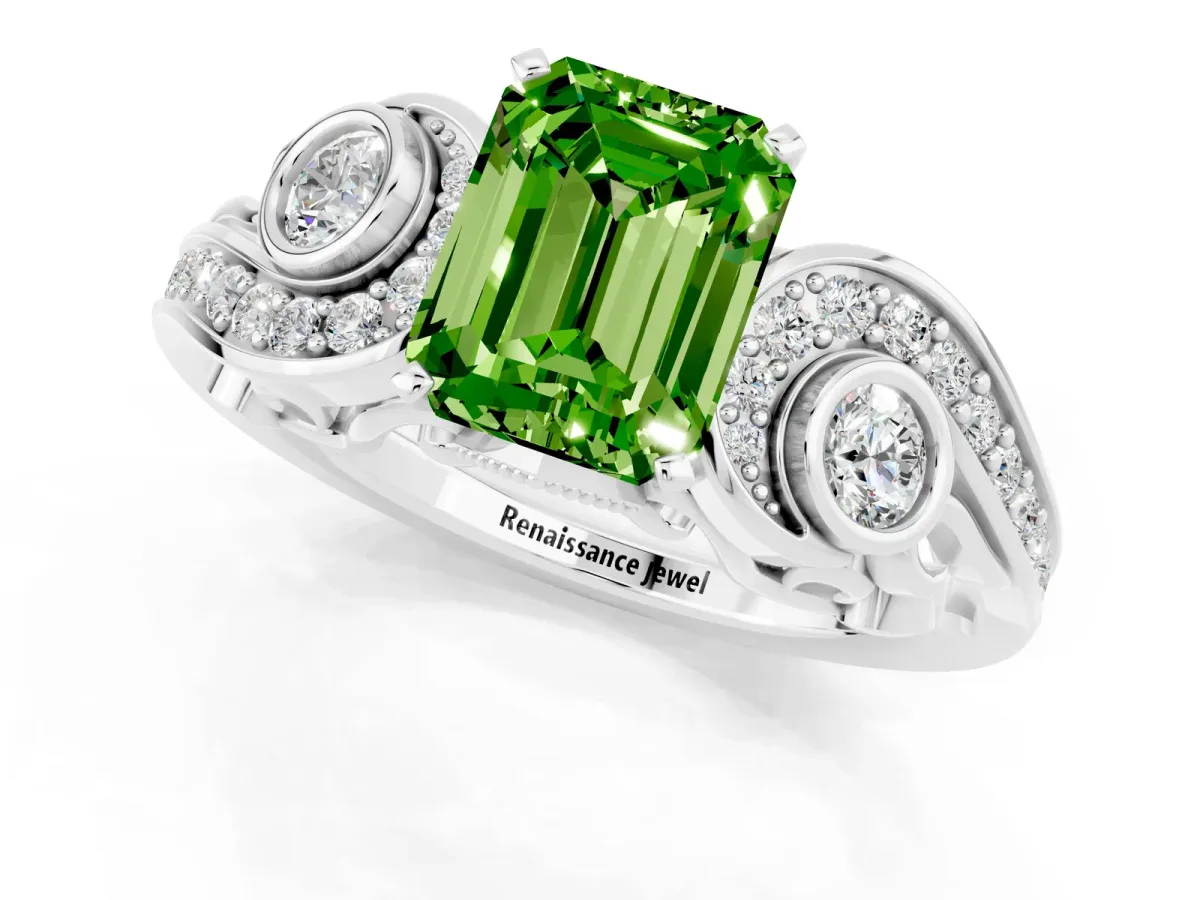 Emerald Cut Peridot Solitaire Ring with Milgrain Pavé Band and Four-Prong Setting Silver