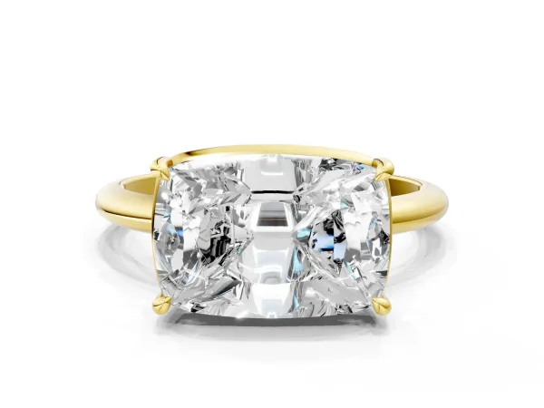 Old Mine Elongated Cushion Diamond East-West Bezel Set Four Claw Solitaire Ring Yellow gold