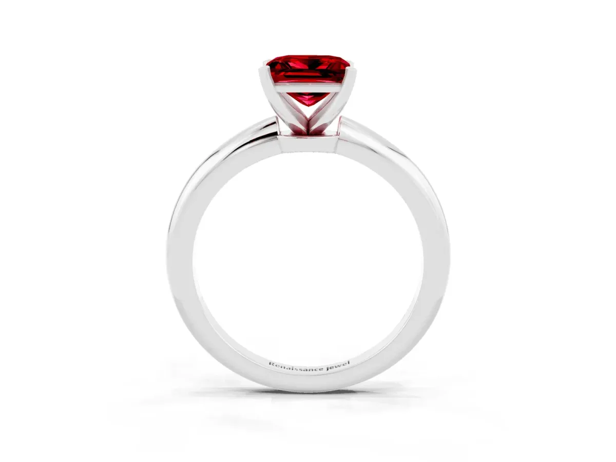 Princess Cut Ruby Solitaire Ring with Six-Prong Setting and Classic Band Platinum