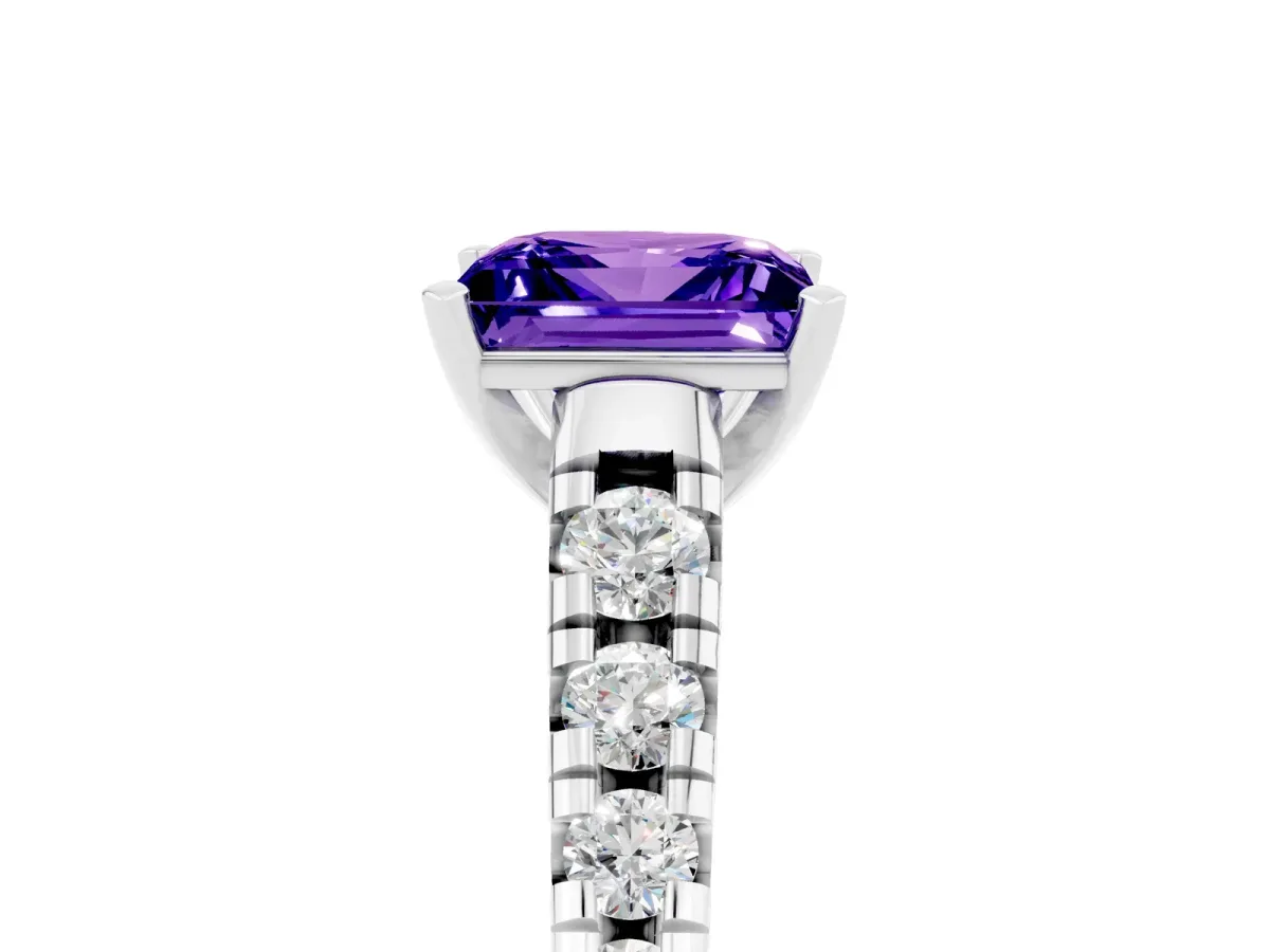 Princess Cut Tanzanite Cathedral Solitaire Ring with Round Pavé Band Silver