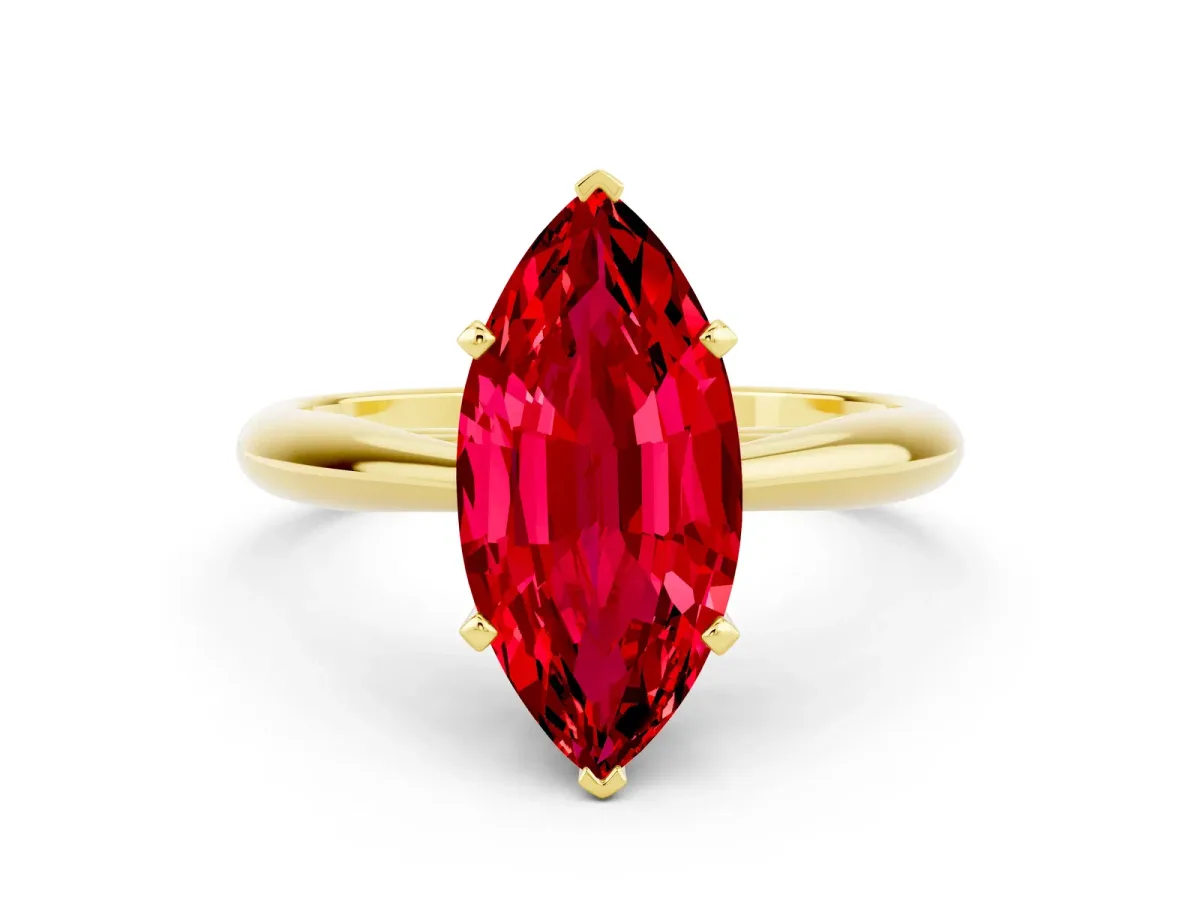 Marquise Cut Ruby Solitaire Engagement Ring with Cathedral Setting and Four-Prong Mount Yellow gold
