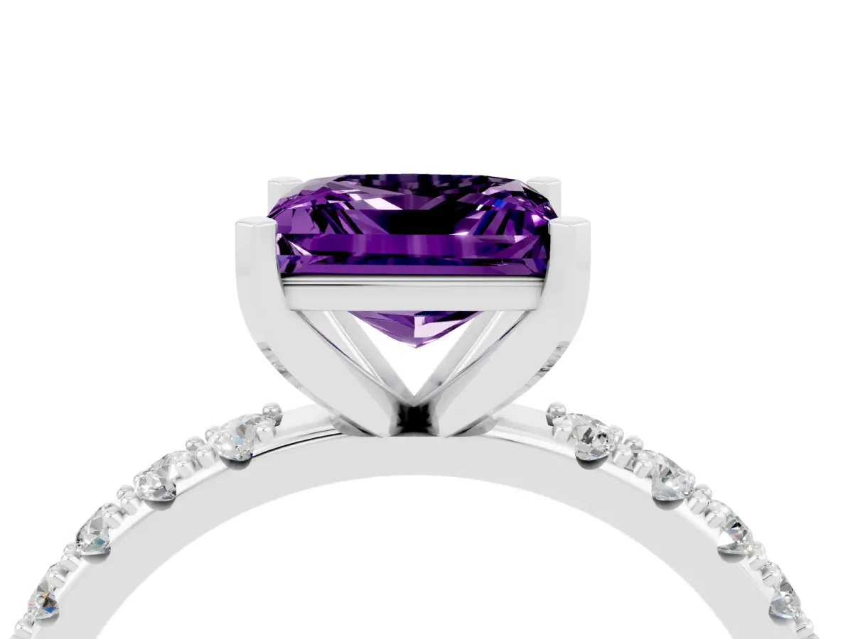 Princess Cut Amethyst Solitaire Pavé Band with Four-Prong Setting Silver