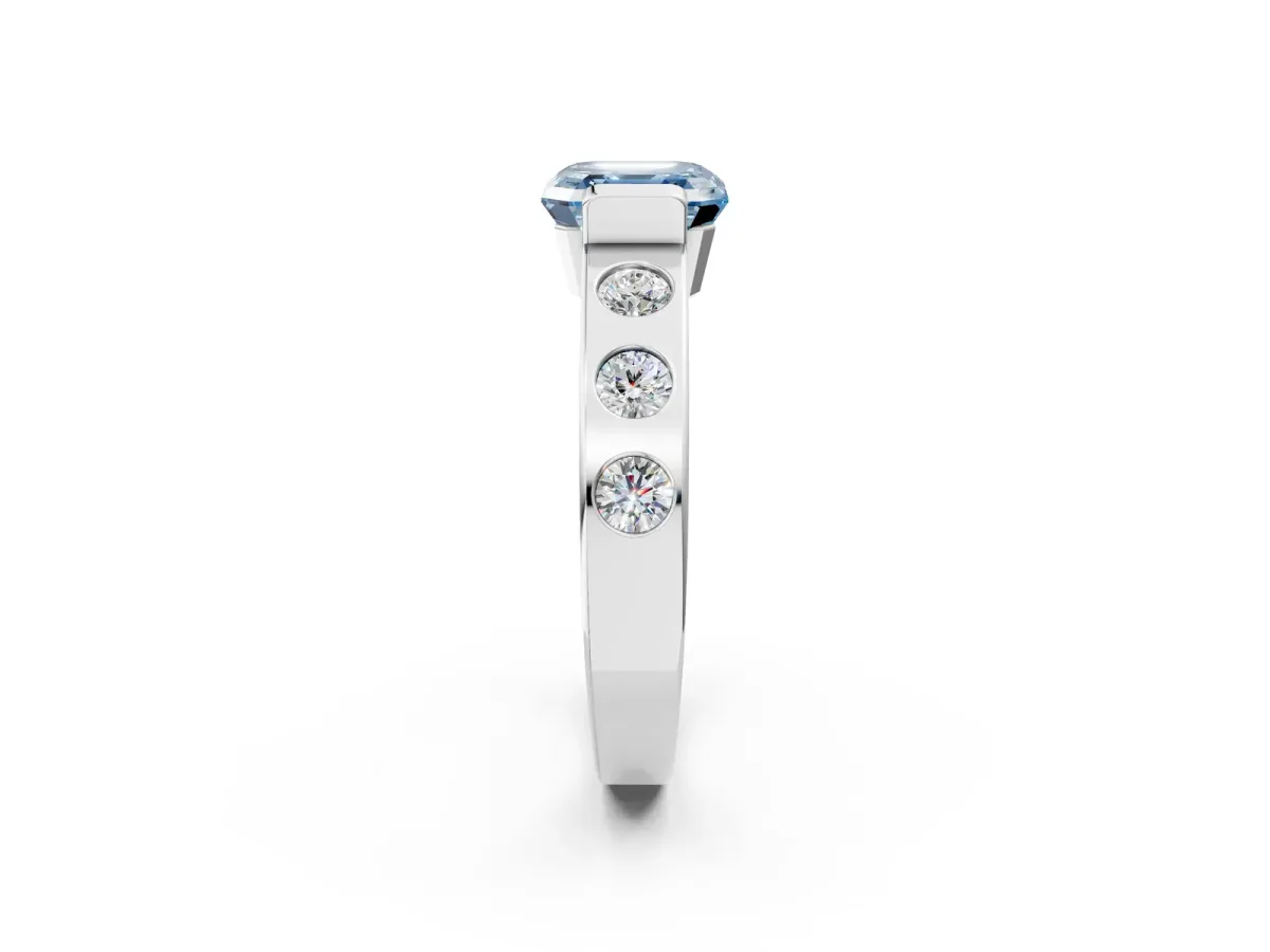 Fancy Blue Asscher Cut Brilliant Channel-Set Diamond Ring with Bezel Prong Setting Platinum