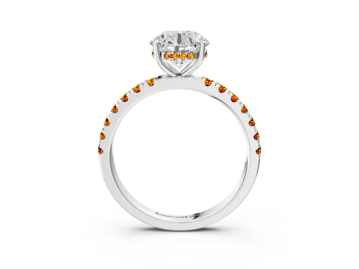 Round Cut Diamond Pave Band Solitaire Ring with Round Citrine and Prong Setting Platinum