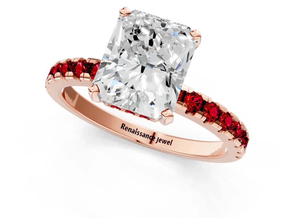 Radiant Cut Diamond Solitaire Ring with Round Ruby Pavé Band and Four-Prong Setting Rose gold