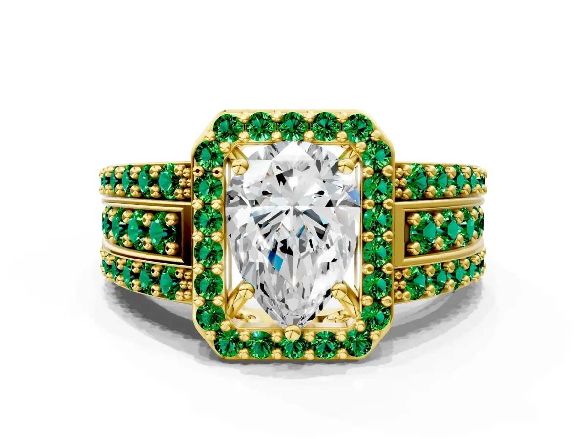 Pear Cut Halo Diamond Ring with Round Emerald Split Shank and Prong Setting Yellow gold