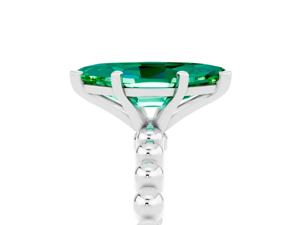 Marquise Cut Emerald Solitaire Ring with Beaded Band and Prong Setting Platinum