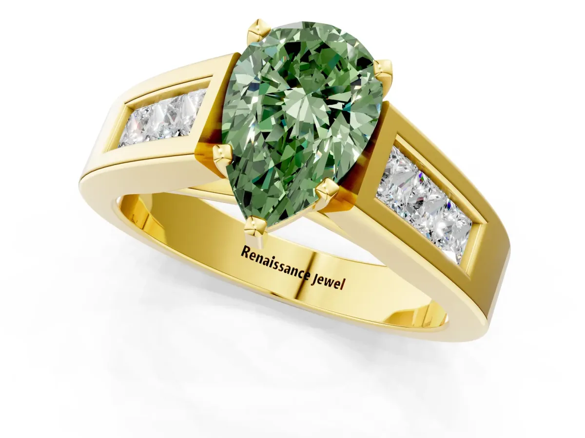 Fancy Green Pear Cut Cut Channel Set Solitaire Ring with Four-Prong Setting Yellow gold