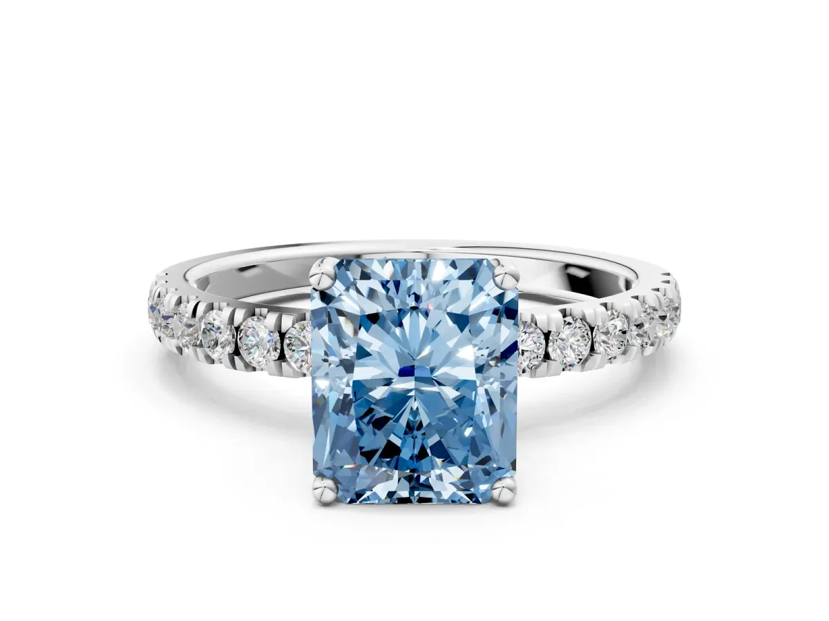 Fancy Blue Radiant Cut Diamond Pave Band Solitaire Ring with Round and Prong Setting Silver
