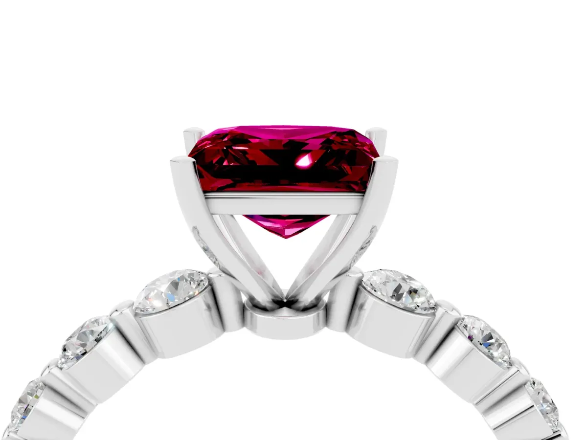 Princess Cut Solitaire Garnet Ring with Pave Band and Four-Prong Setting Platinum