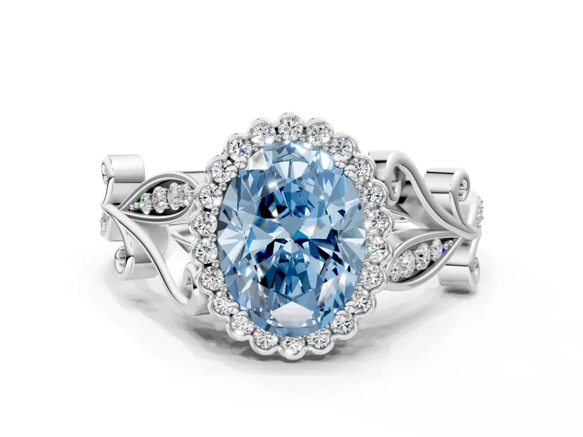 Fancy Blue Oval Cut Diamond Halo Ring with Vintage Split Shank and Four-Prong Setting Silver