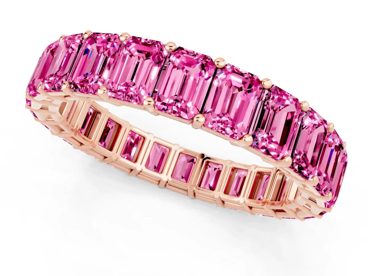 Emerald Cut Pink Sapphire Eternity Band with Shared Prong Setting Rose gold