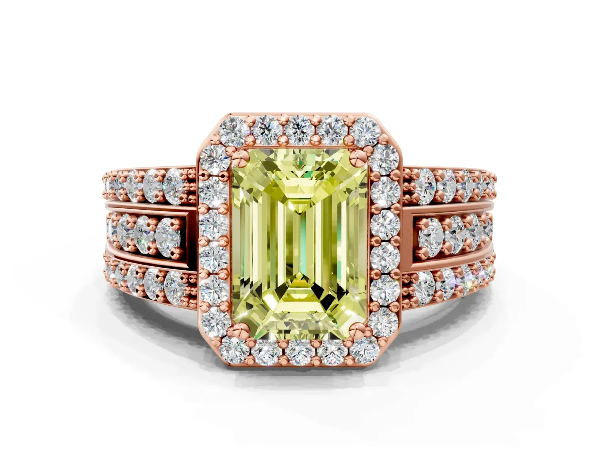 Fancy Yellow Emerald Cut Halo Diamond Ring with Round Split Shank and Prong Setting Rose gold