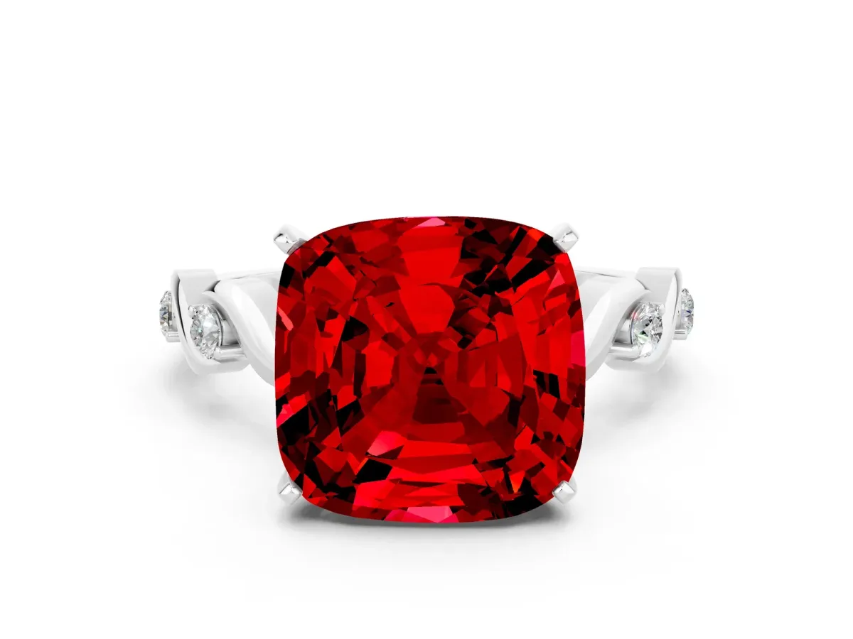 Cushion Cut Ruby Solitaire Twisted Band with Round Accents and Prong Setting Silver