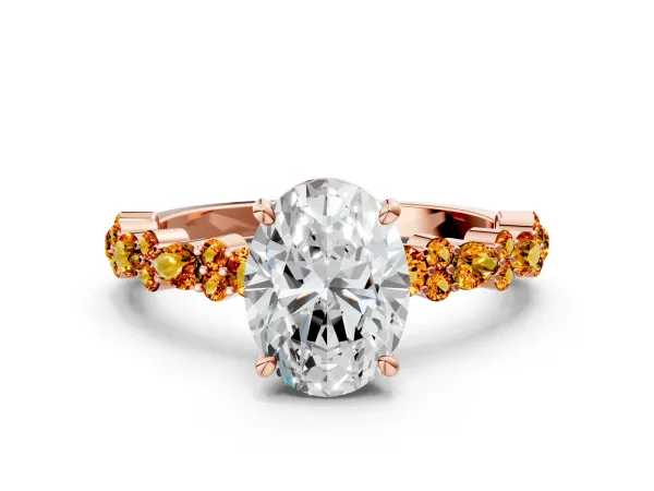 Oval Cut Diamond Side Stone Solitaire Ring with Round Citrine and Four-Prong Setting Rose gold