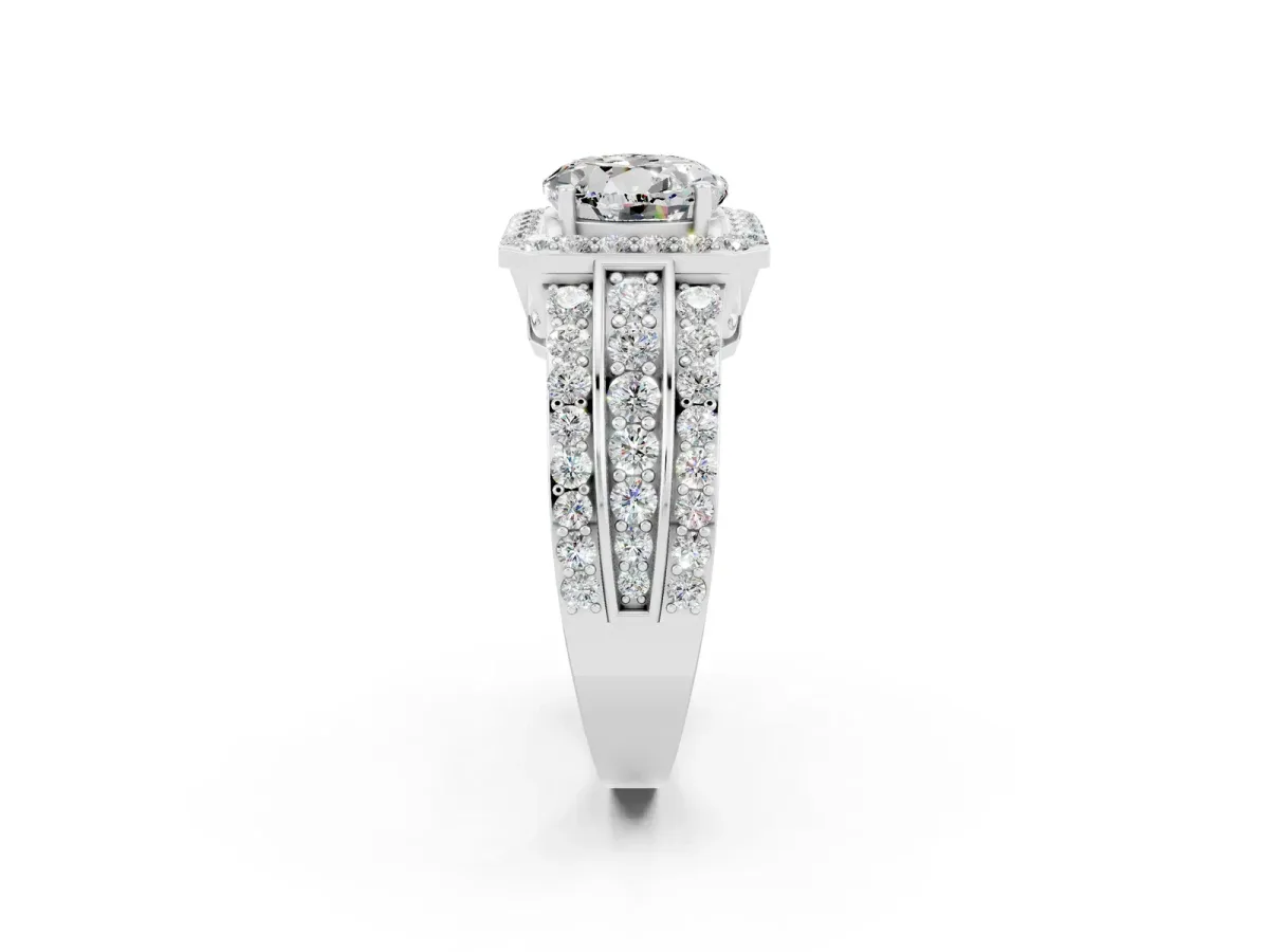 Round Cut Halo Moissanite Ring with Round Split Shank and Prong Setting Silver