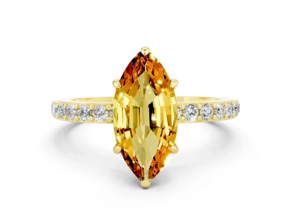 Marquise Cut Citrine Solitaire Engagement Ring with Pavé Band and Four-Prong Setting Yellow gold