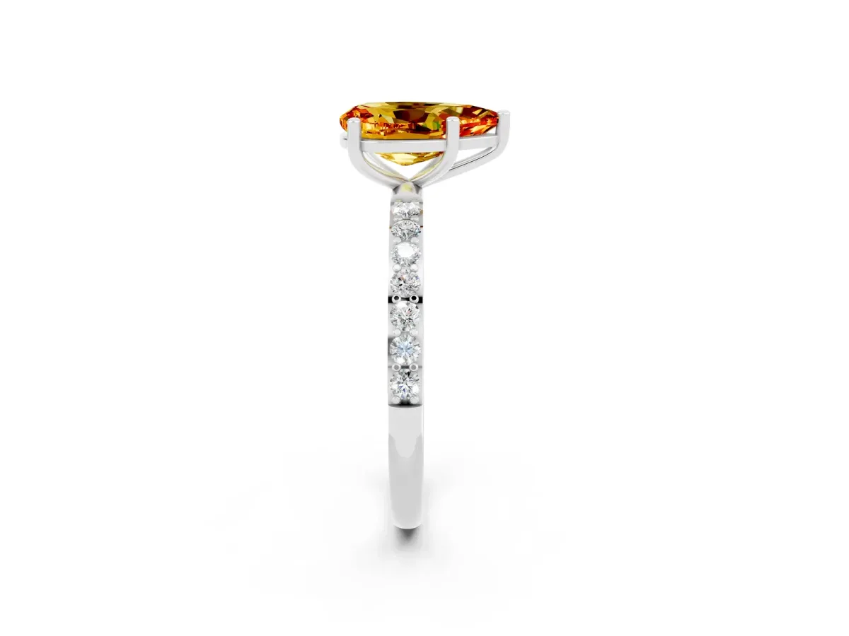 Pear Cut Citrine Solitaire Ring with Round Pavé Band and Prong Setting Silver