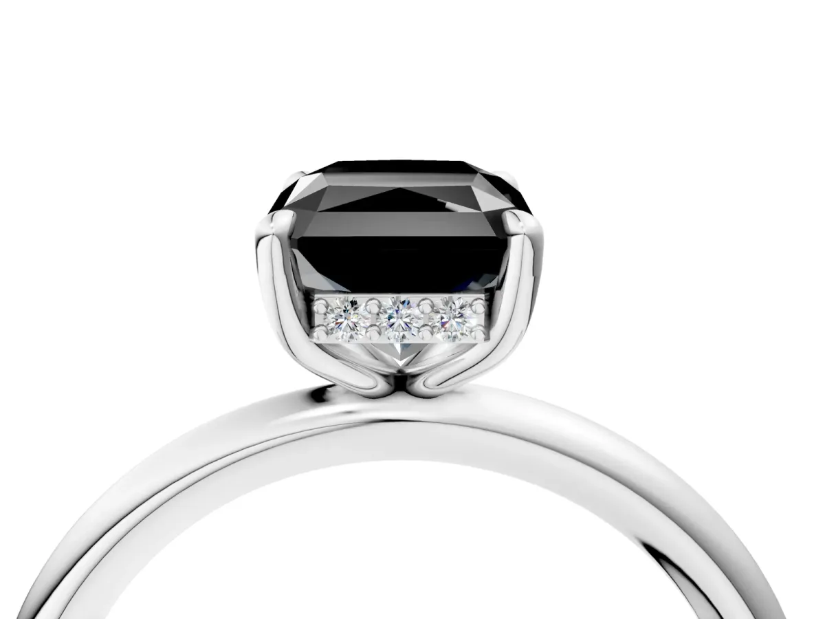 Fancy Black Radiant Cut Diamond Solitaire Ring with Thin Band and Four-Prong Setting Platinum
