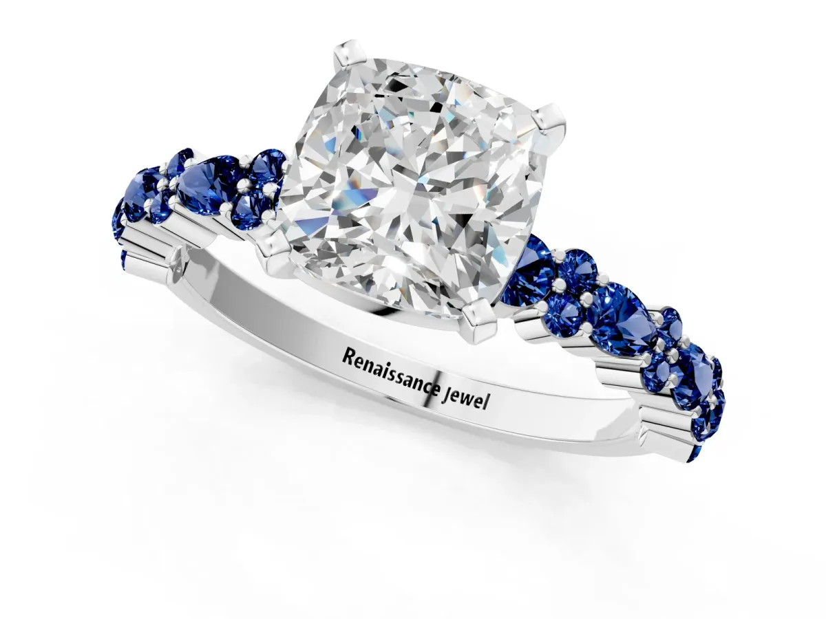 Cushion Cut Diamond Side Stone Solitaire Ring with Round Blue Sapphire and Four-Prong Setting Silver