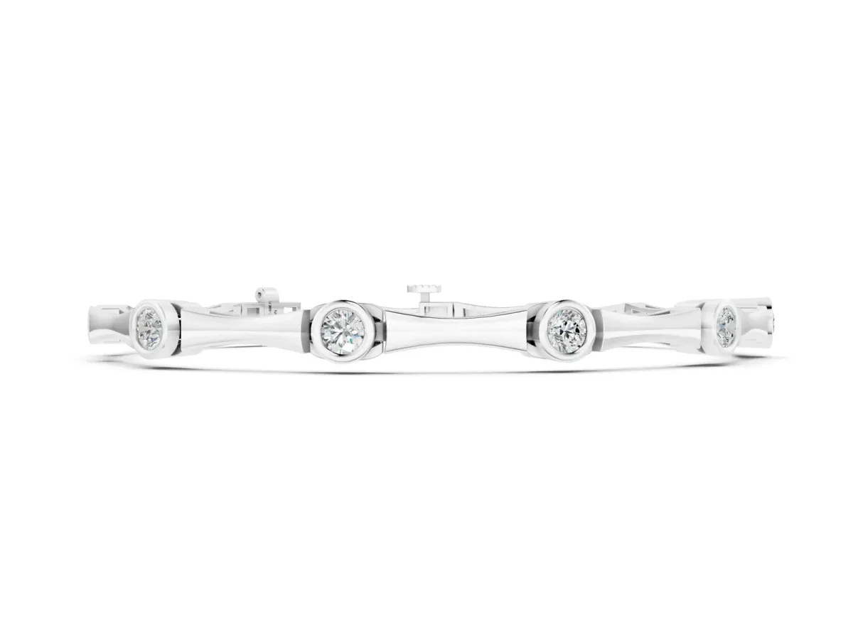 Bezel Set Round Diamond Bamboo Link Bracelet White gold