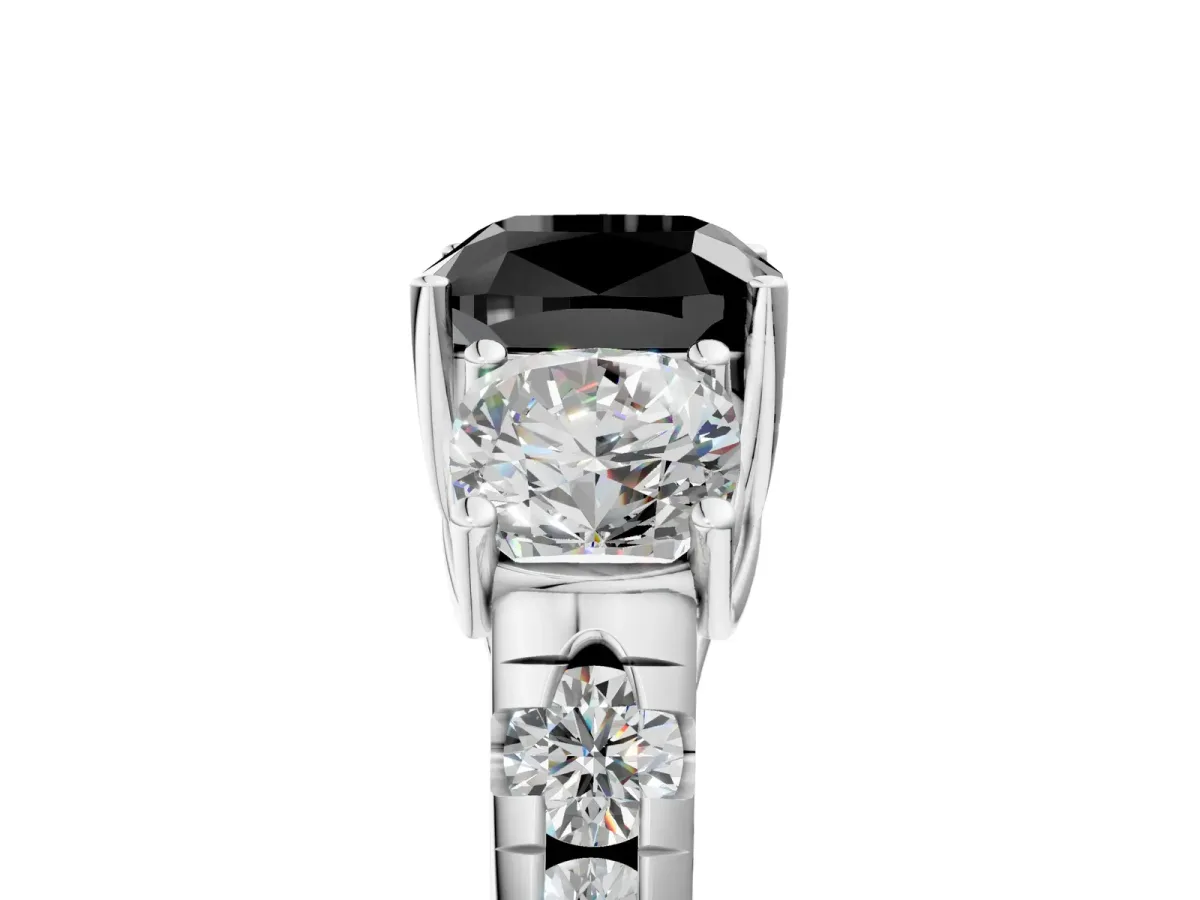 Fancy Black Three-Stone Cushion Cut Diamond Pavé Band with Prong Setting Platinum
