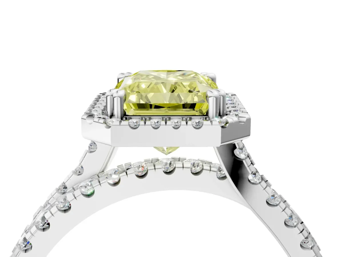Fancy Yellow Radiant Cut Halo Split Shank Diamond Ring with Pavé Setting Platinum