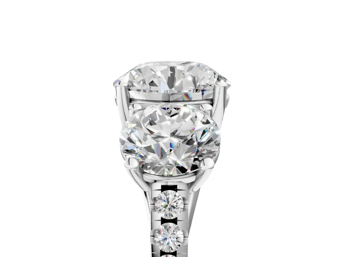 Three-Stone Round Cut Diamond Ring with Round Moissanite Pavé Band and Prong Setting Silver