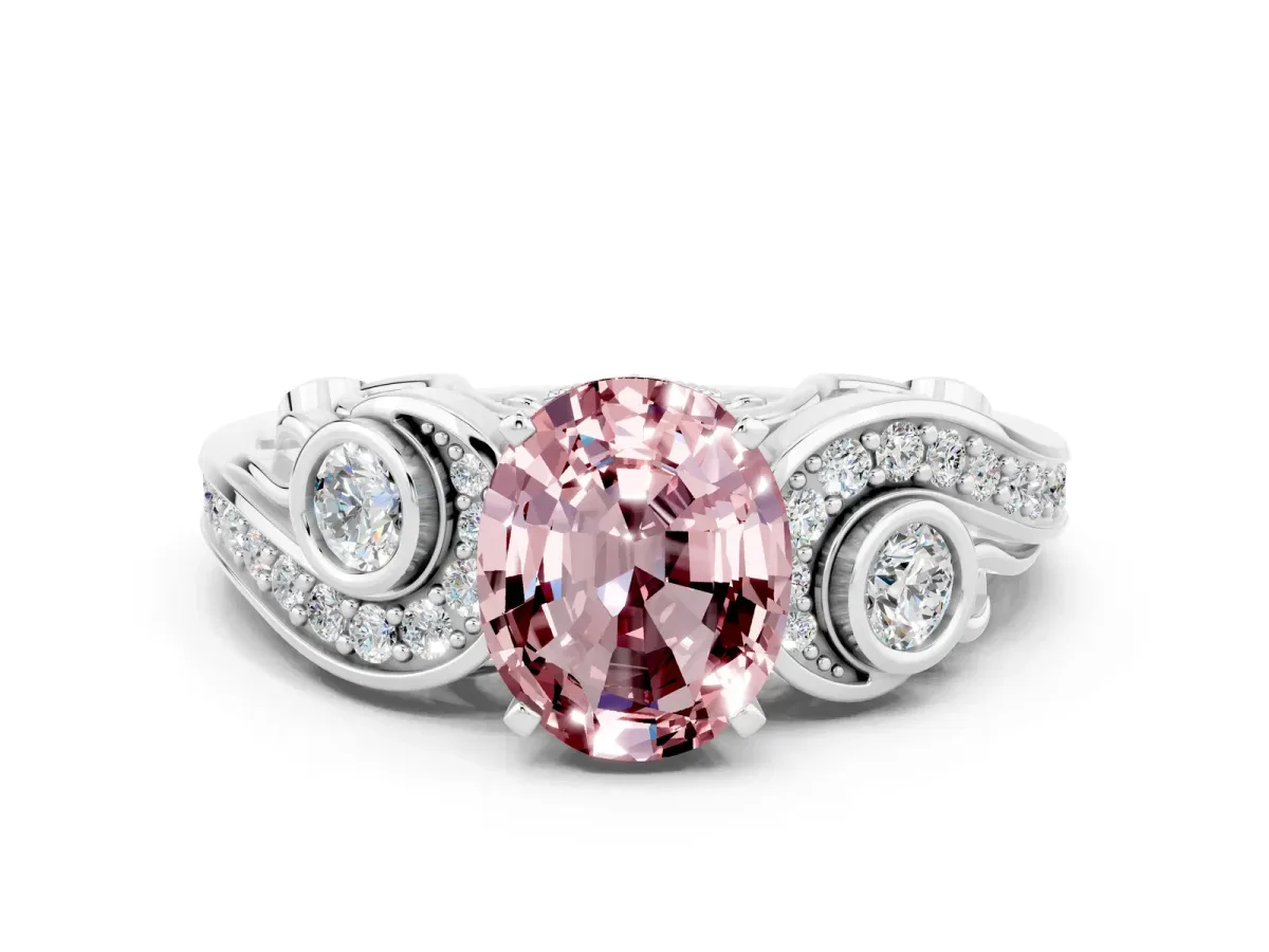 Oval Cut Morganite Solitaire Ring with Milgrain Pavé Band and Four-Prong Setting Silver