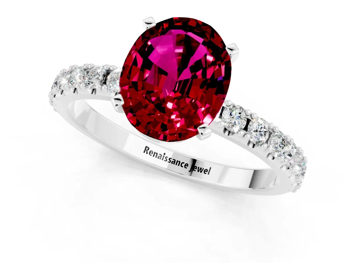 Oval Cut Garnet Solitaire Pavé Band with Four-Prong Setting White gold