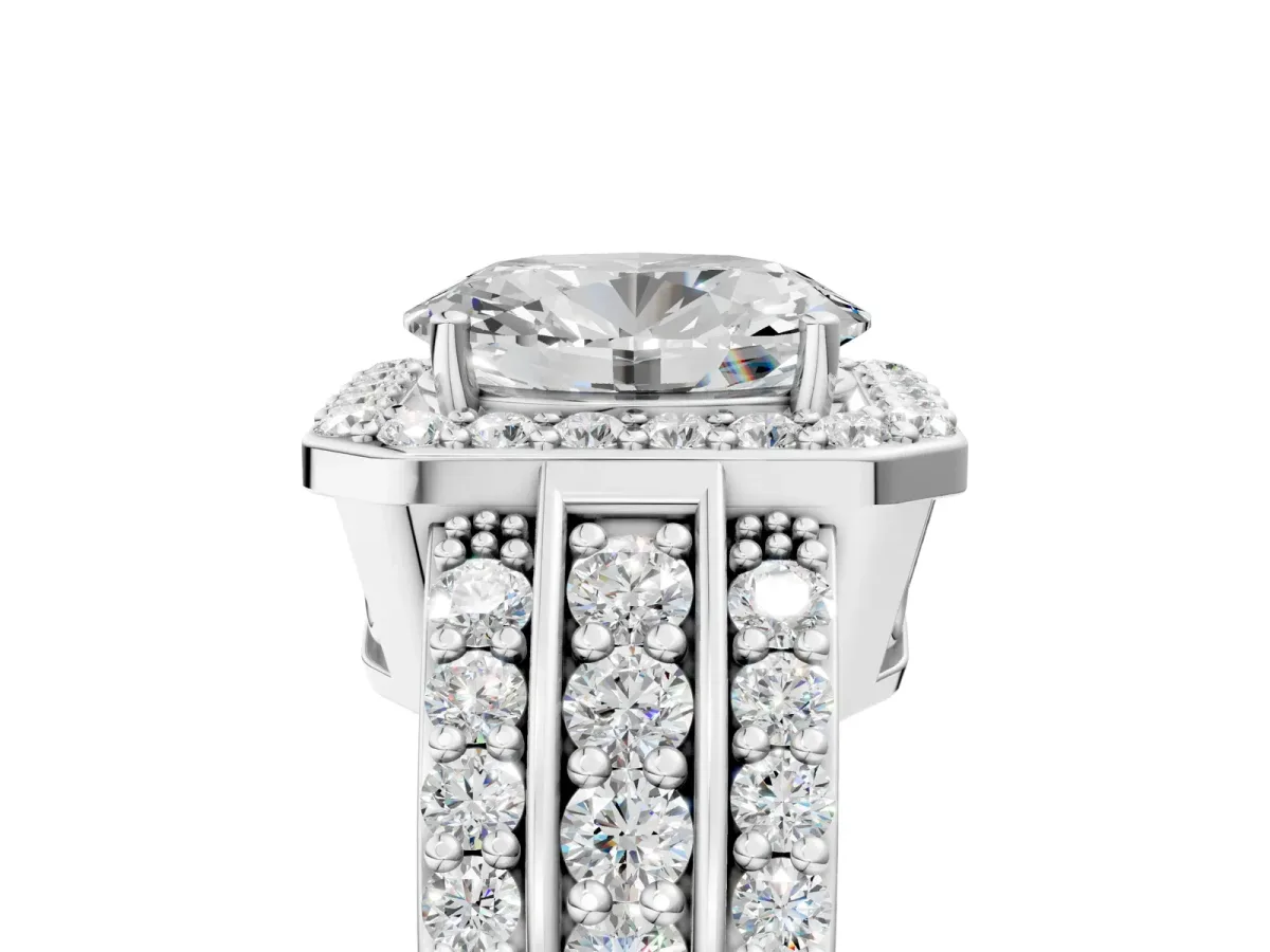 Oval Cut Halo Diamond Ring with Round Moissanite Split Shank and Prong Setting Silver