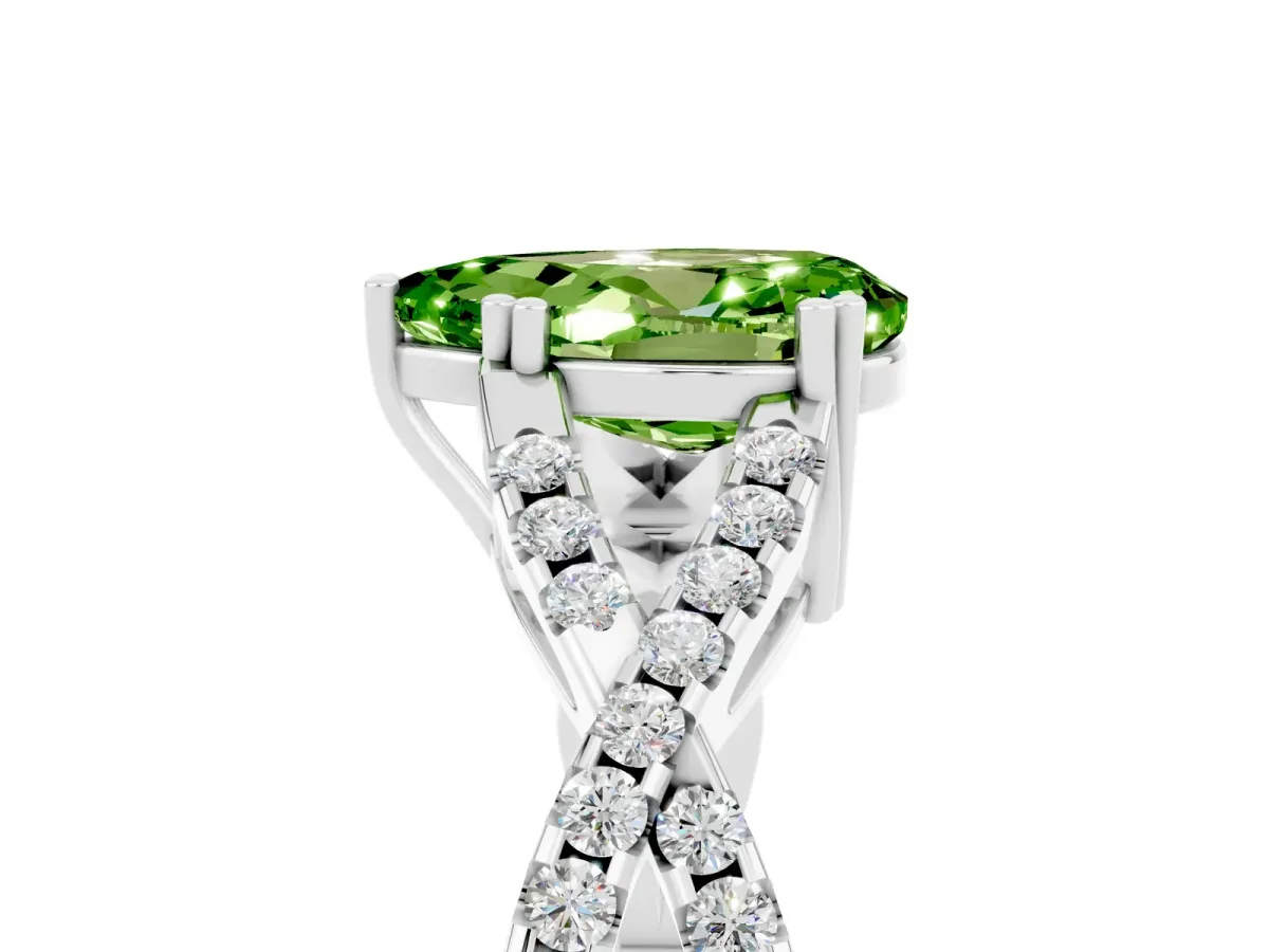 Pear Cut Peridot Solitaire Ring with Four-Prong Setting and Twisted Pavé Band Platinum