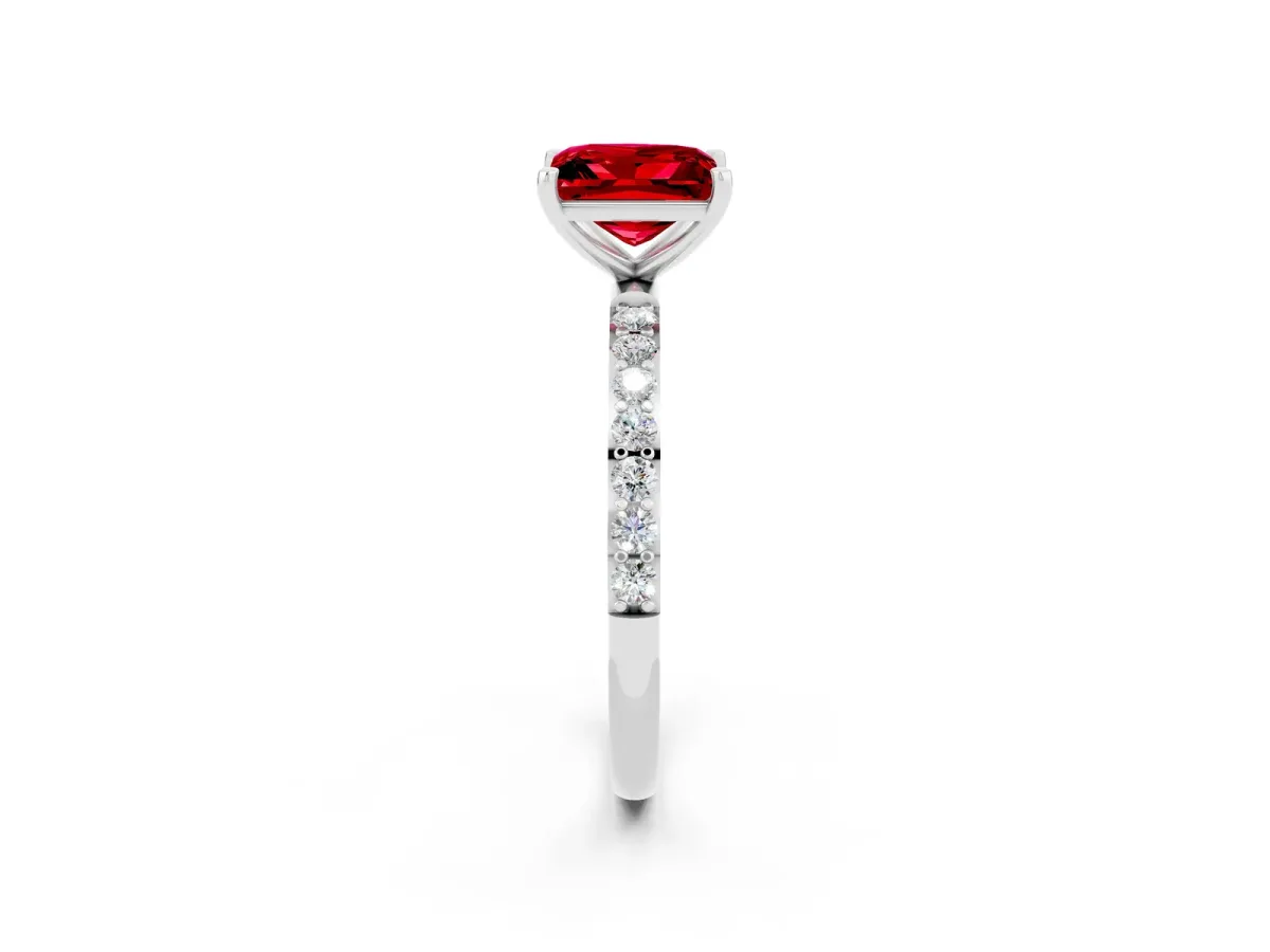 Princess Cut Ruby Solitaire Ring with Round Pavé Band and Prong Setting Silver