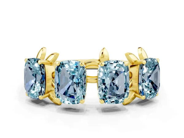 Four-Stone Elongated Cushion Aquamarine Band with Nature-Inspired Prong Setting Yellow gold