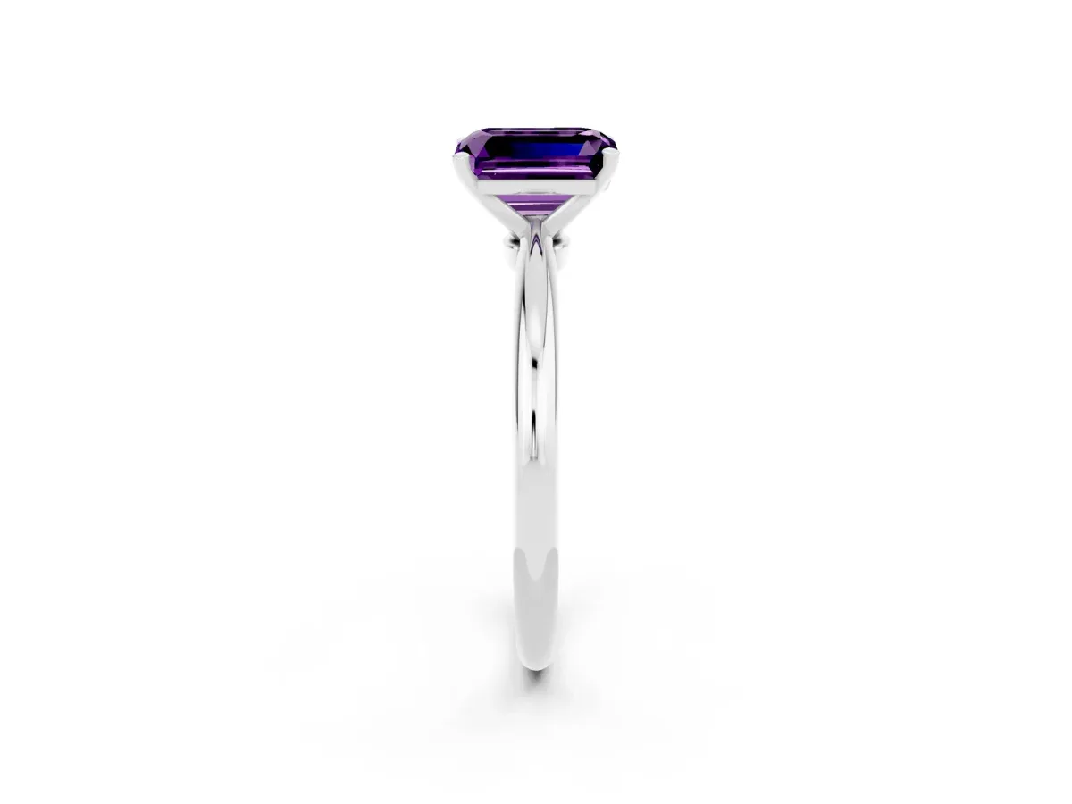 Emerald Cut Amethyst Solitaire Ring with Six-Prong Setting and Classic Band Silver
