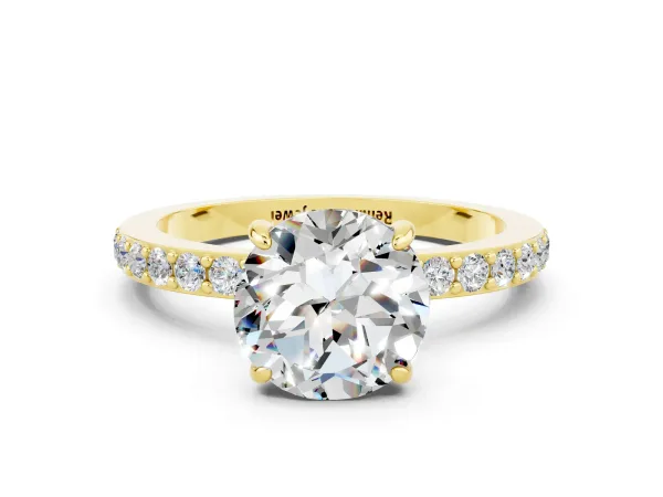 Round Cut Moissanite Solitaire Engagement Ring with Pavé Band and Four-Prong Setting Yellow gold