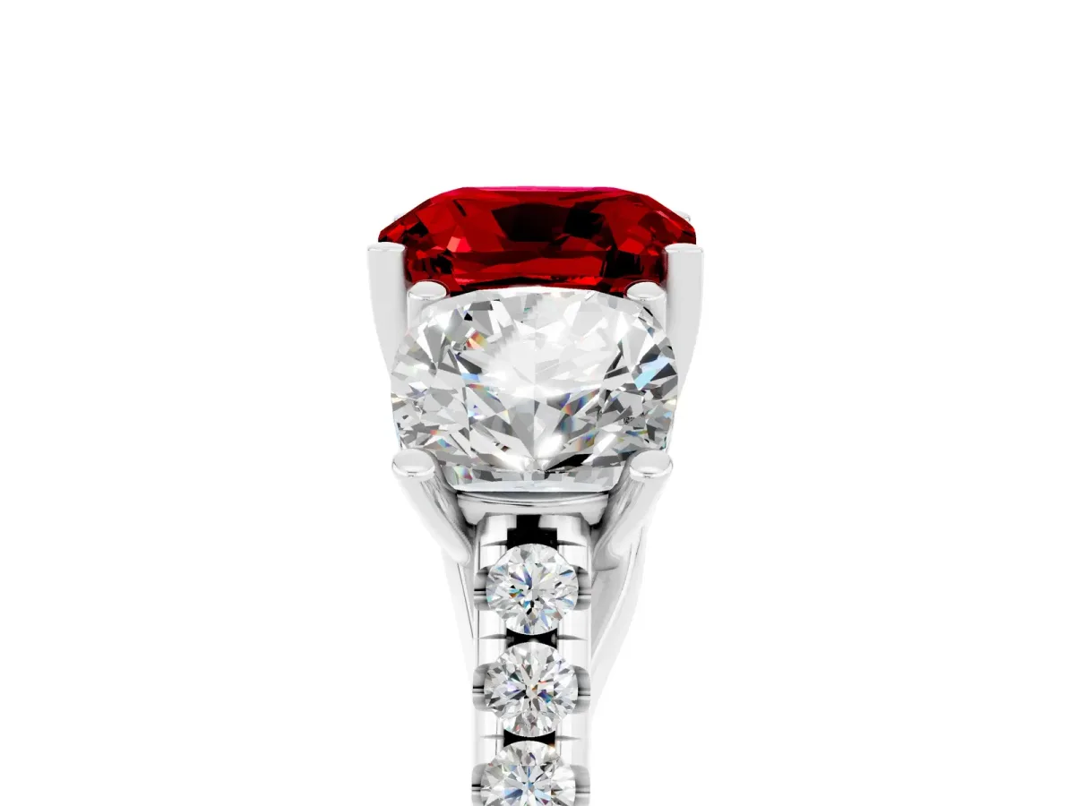 Three-Stone Cushion Cut Ruby Ring with Round Pavé Band and Prong Setting White gold