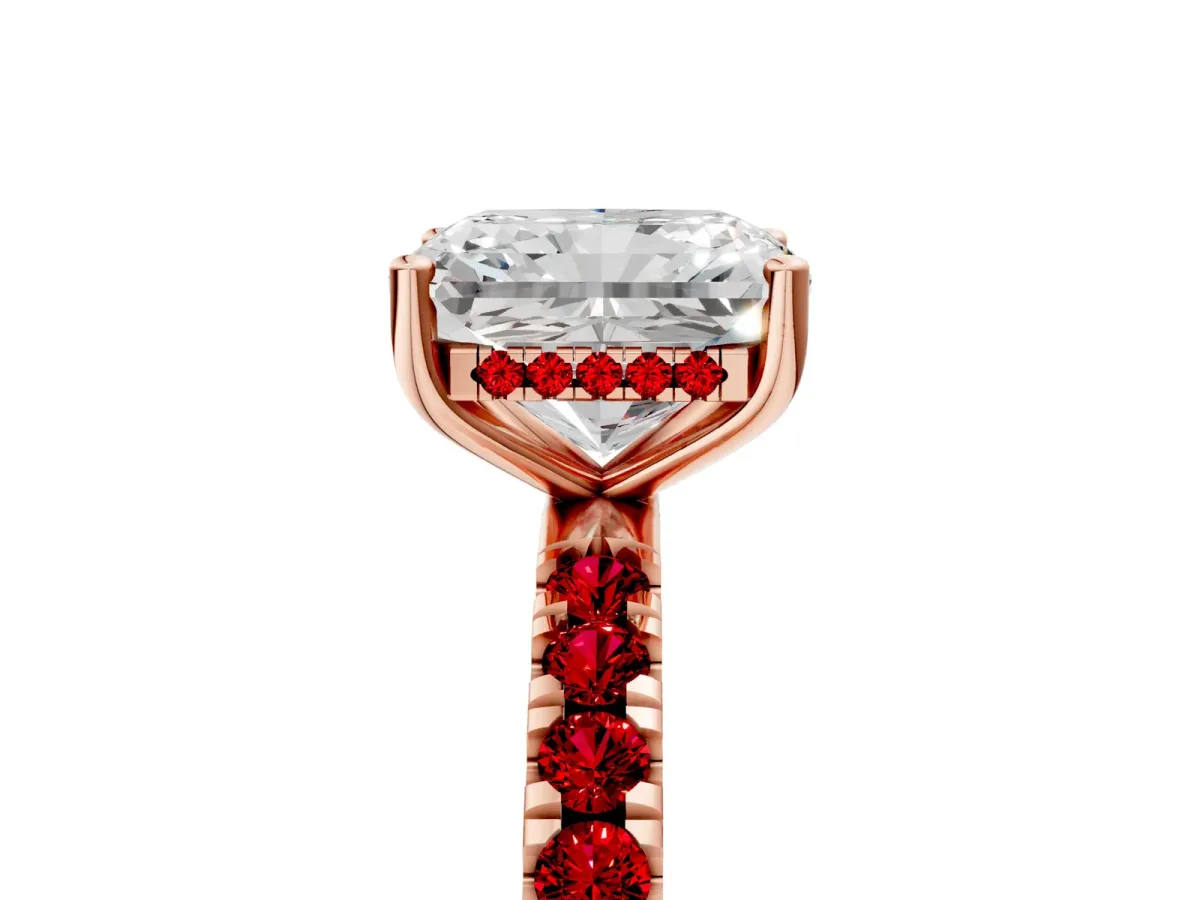 Radiant Cut Diamond Pave Band Solitaire Ring with Round Ruby and Prong Setting Rose gold