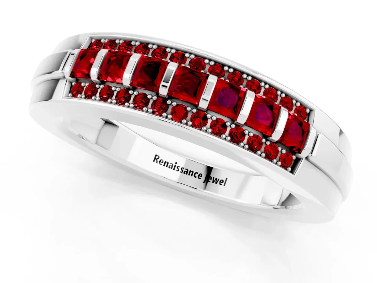 Bar-Set Princess Cut Ruby Pavé Band White gold