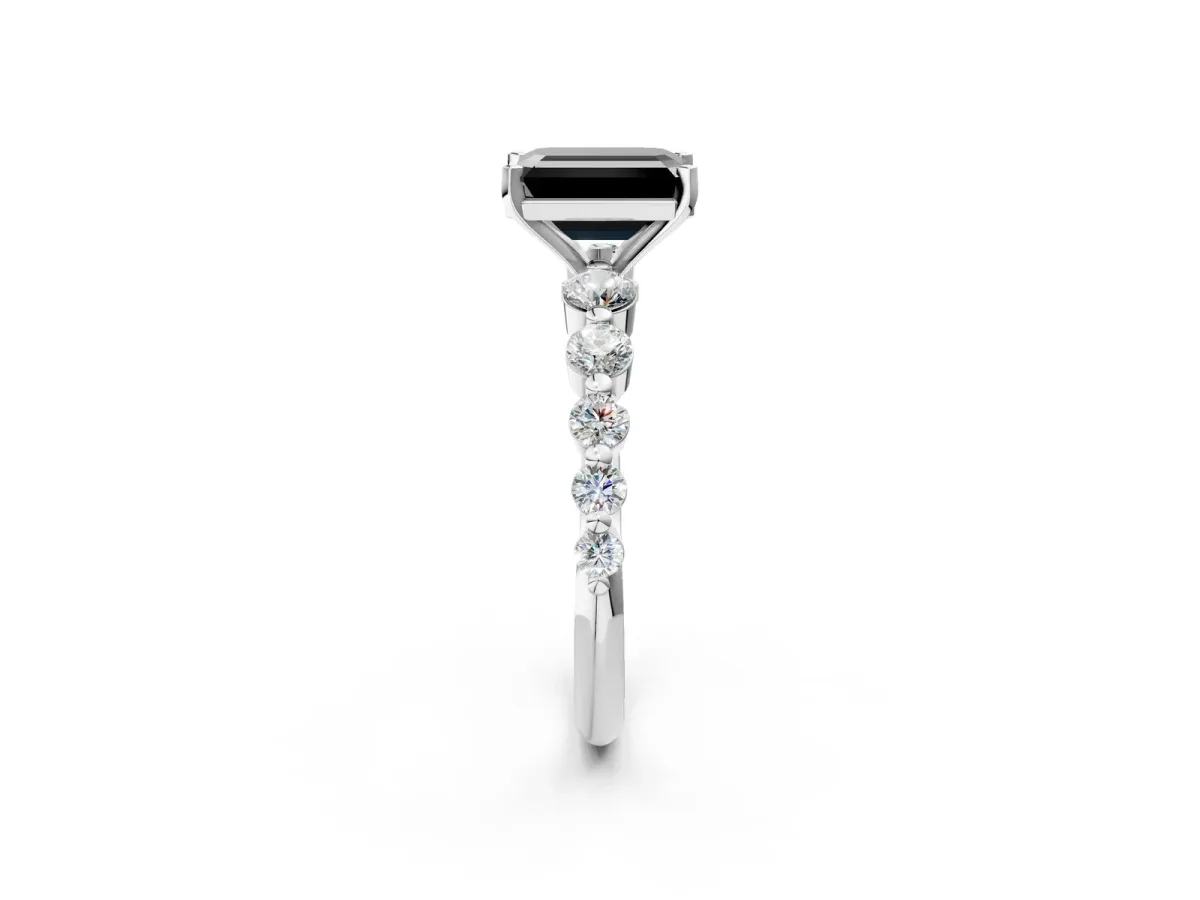 Fancy Black Emerald Cut Solitaire Diamond Ring with Pave Band and Four-Prong Setting Silver